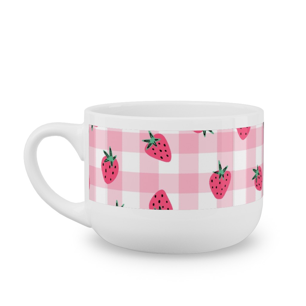 Summer Strawberry Gingham - Pink Latte Mug, White, , 25oz, Pink, Bright Pink
