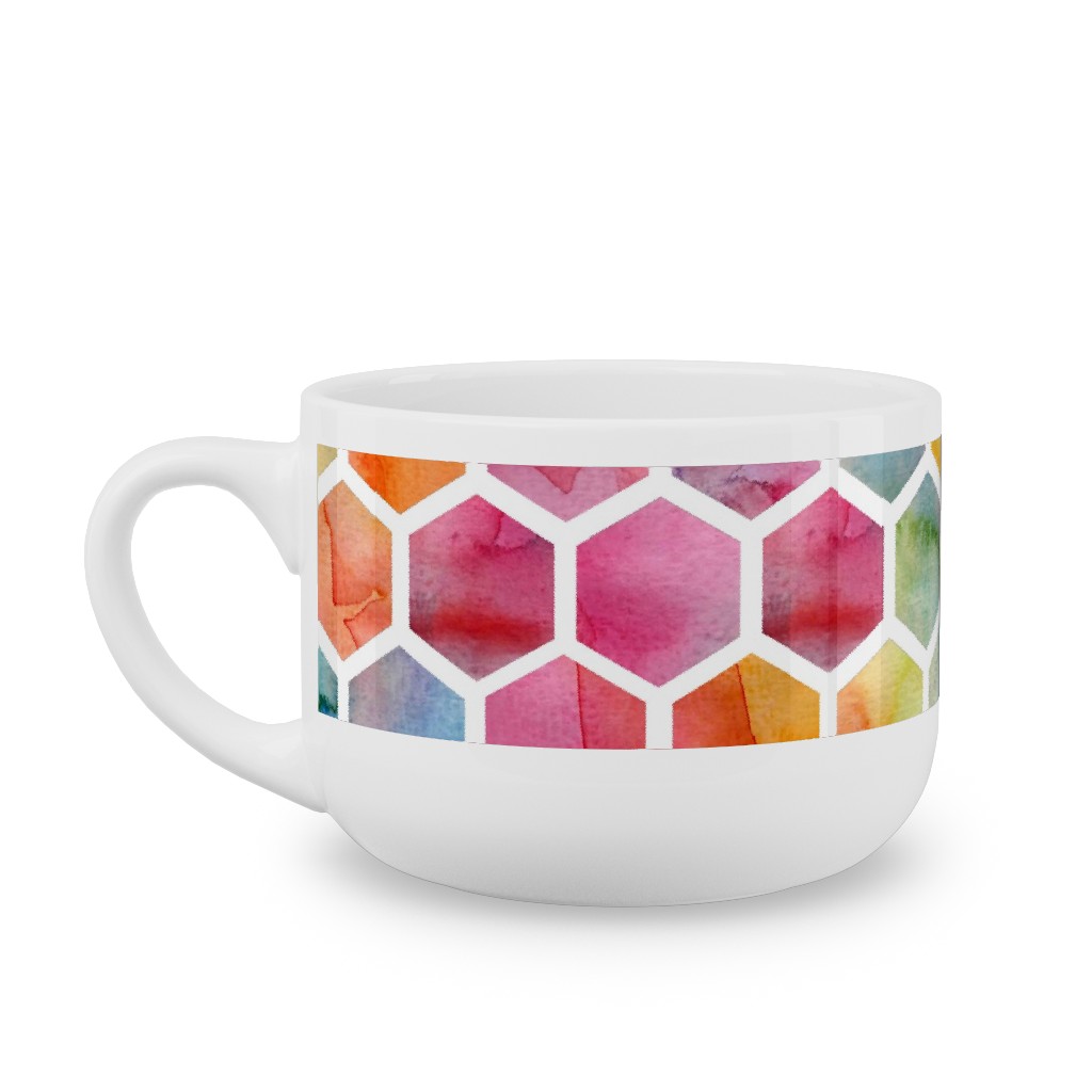 Watercolour Hexagons - Multi Latte Mug, White,  , 25oz, Multicolor