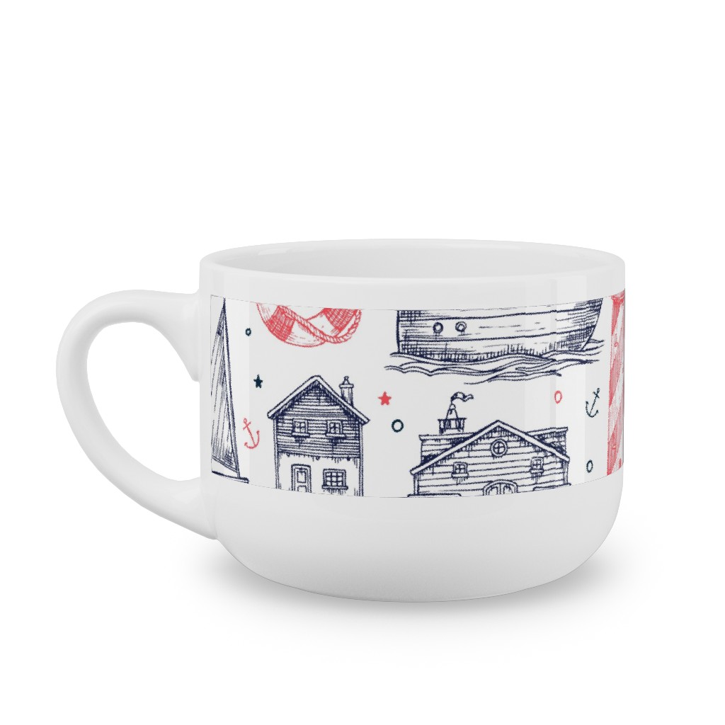 Sea Stories - Navy and Pink Latte Mug, White,  , 25oz, Blue