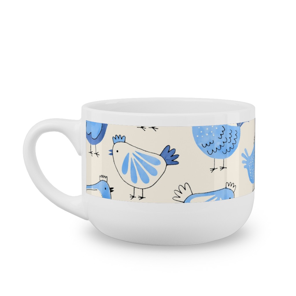 Chicken and Rooster - Watercolor - Blue on Creme Latte Mug, White, , 25oz, Blue, True Blue