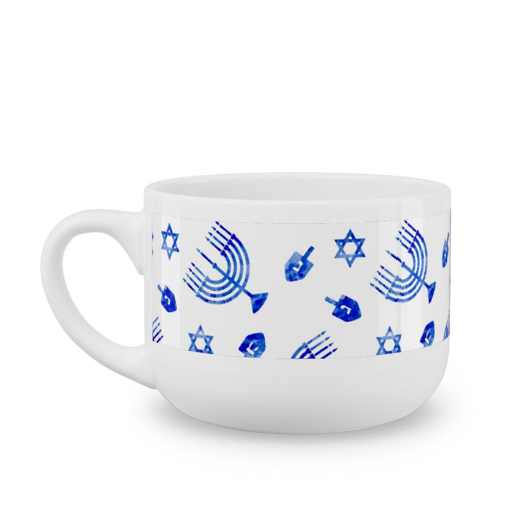 Hanukkah Watercolor Menorah, Dreidel, Star of David - Blue Latte Mug, White,  , 25oz, Blue