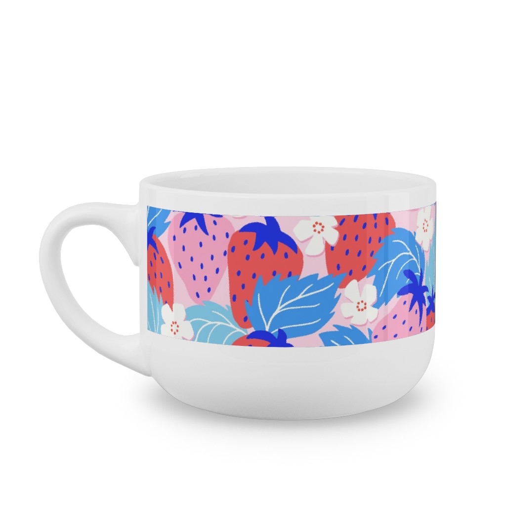 Papercut Strawberries - Blue and Pink Latte Mug, White,  , 25oz, Multicolor