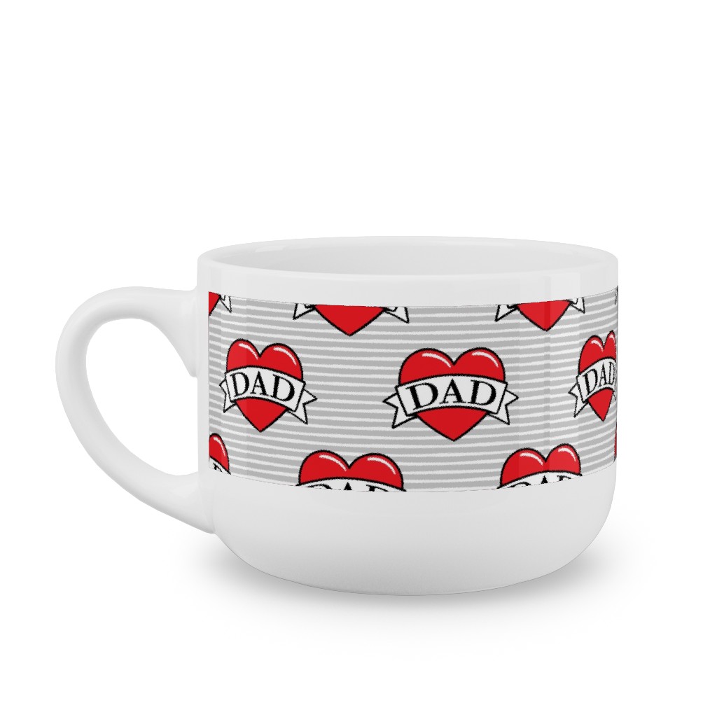 Dad Heart Tattoo - Red on Grey Stripes Latte Mug, White,  , 25oz, Red