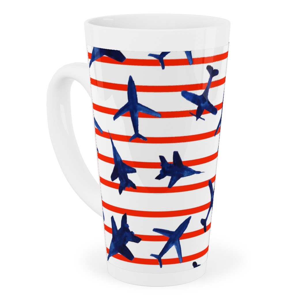 Patriotic Airplanes Watercolor - Blue With Red Stripes Tall Latte Mug, 17oz, Blue