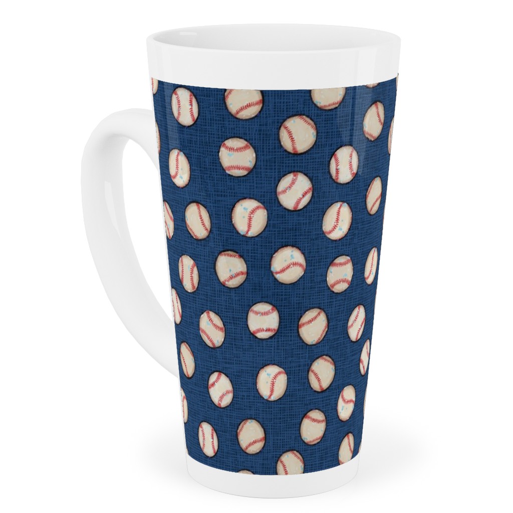 Baseball Balls on Blue Linen Tall Latte Mug, 17oz, Blue, True Blue