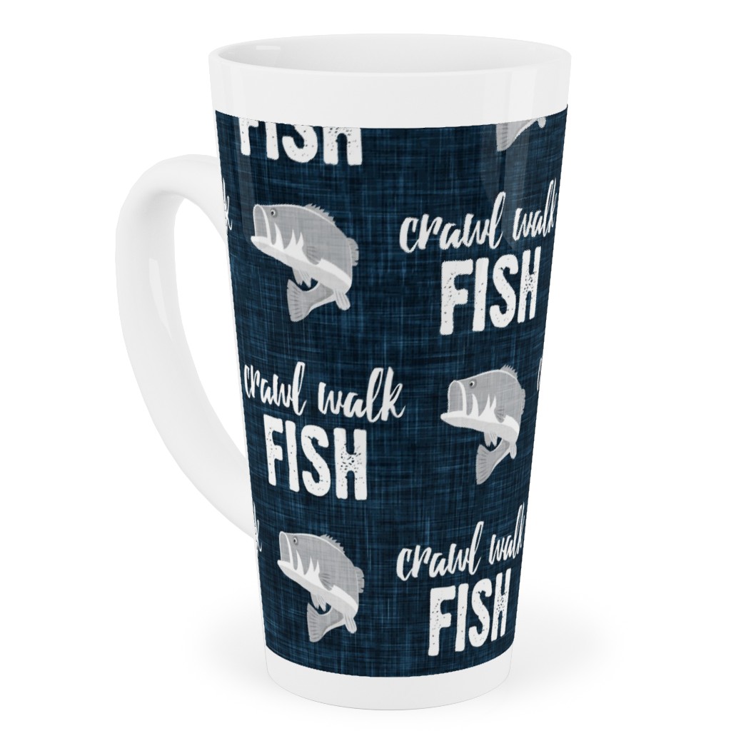 Crawl Walk Fish - Bass Fishing - Navy Blue and Grey Tall Latte Mug, 17oz, Blue, True Blue