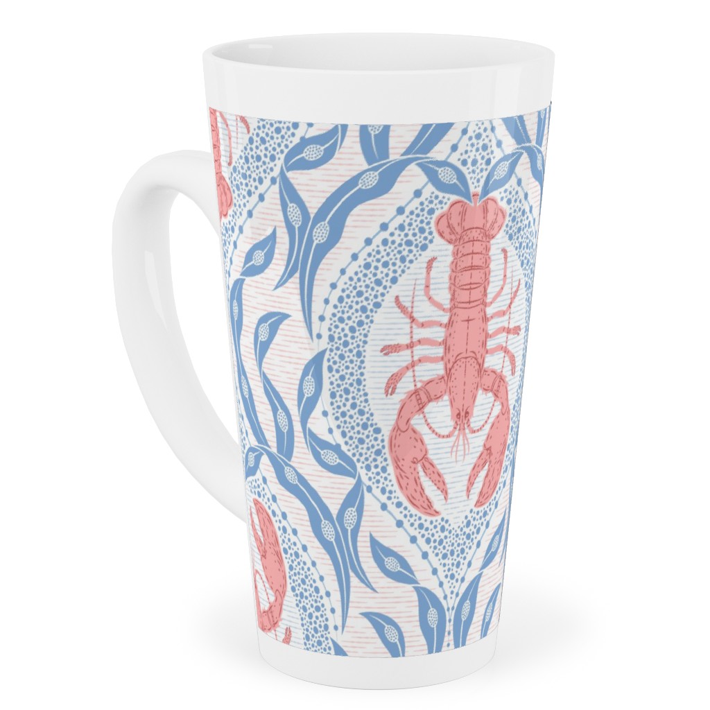 Lobster and Seaweed Nautical Damask - White, Coral Pink and Cornflower Blue Tall Latte Mug, 17oz, Blue, True Blue