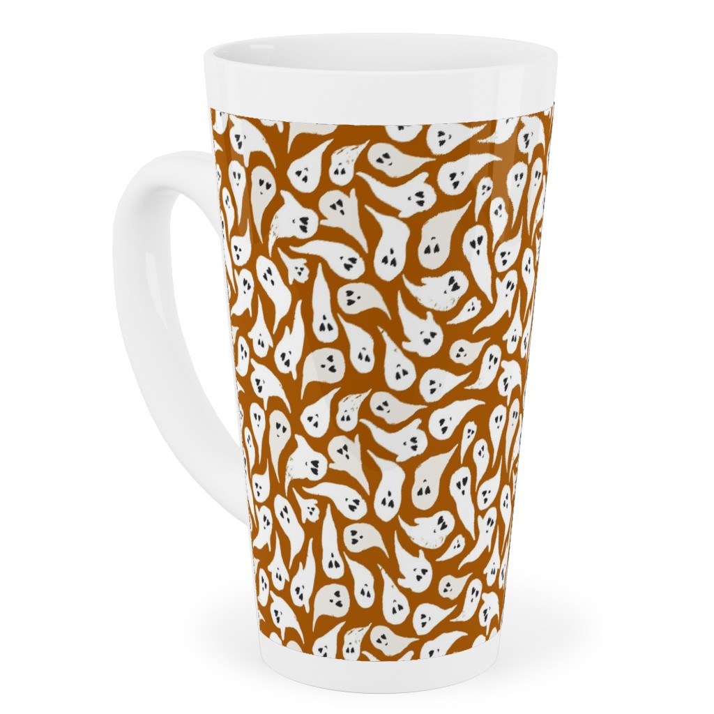 Halloween Ghosts on Dark Burnt Orange Tall Latte Mug, 17oz, Orange