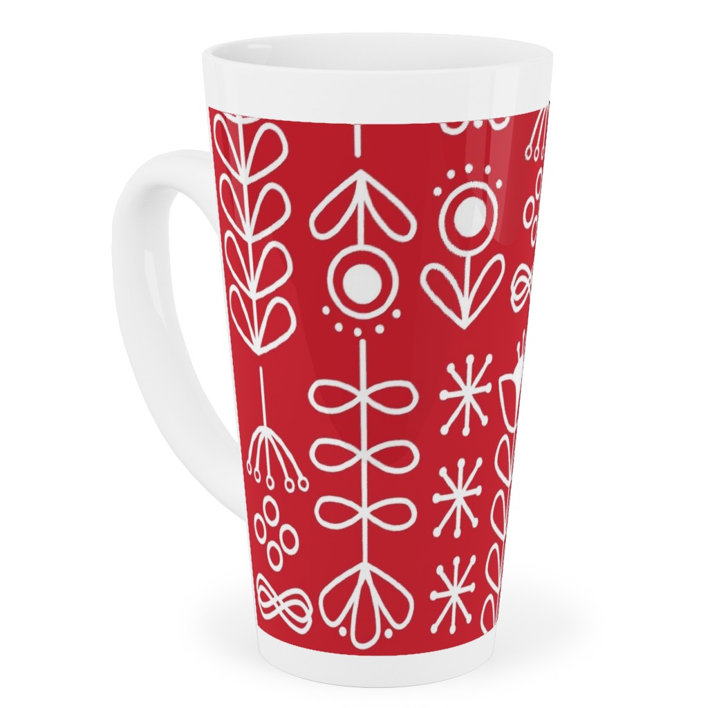 Red and White Nordic Mod Floral Tall Latte Mug, 17oz, Red