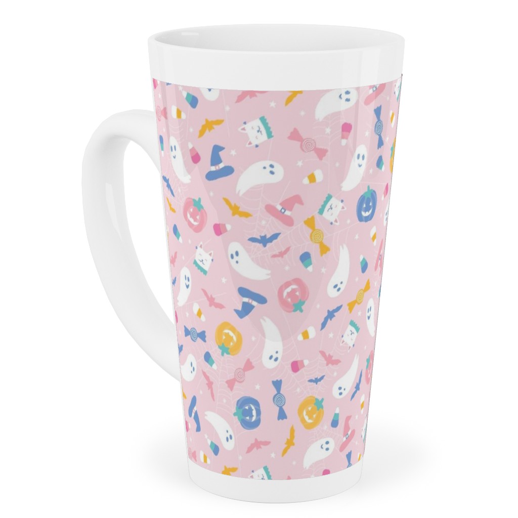 Pastel Halloween Happy Ghosts and Candy Corn Tall Latte Mug, 17oz, Pink