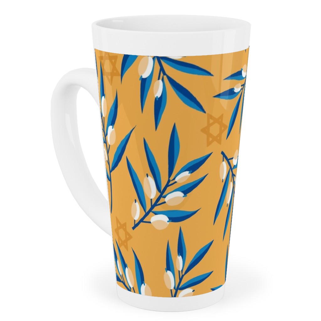 Olive Branches Hanukkah - Blue on Yellow Tall Latte Mug, 17oz, Yellow, Classic Yellow