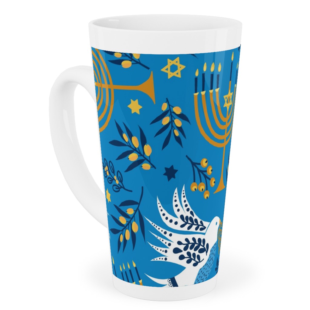 Hanukkah Birds Menorahs - Light Blue Tall Latte Mug, 17oz, Blue