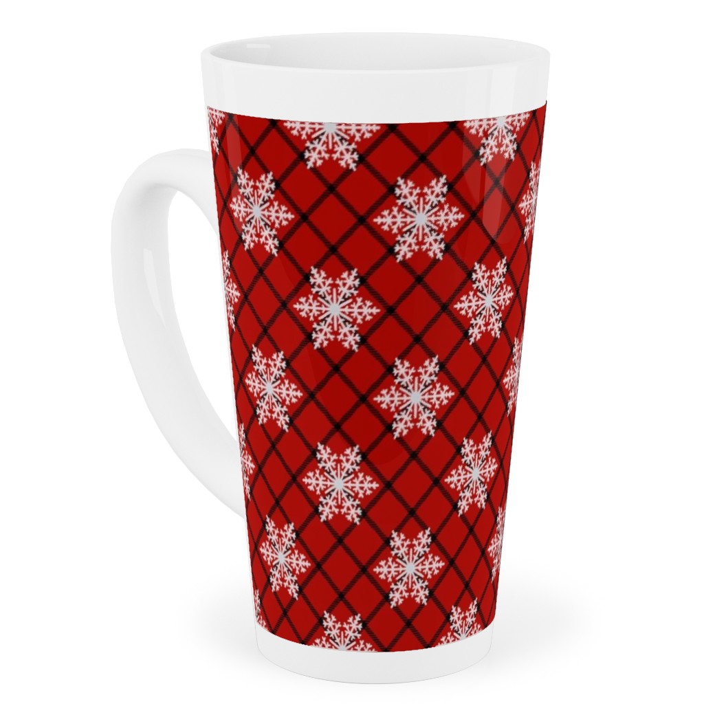 Snowy Winter Diagonal Checker Plaid - Red and Black Tall Latte Mug, 17oz, Red, Red