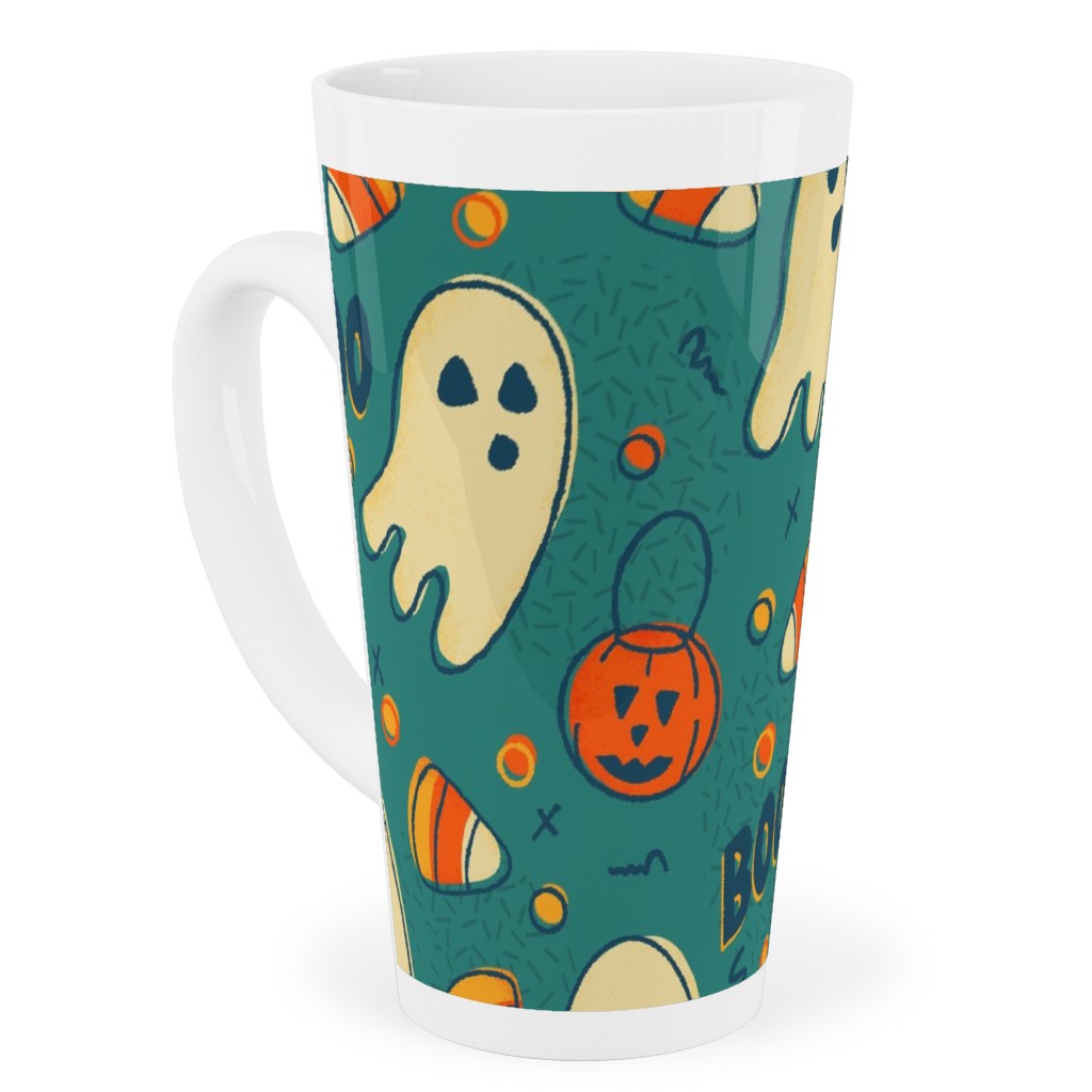 Candy Corn and Ghosts - Green Tall Latte Mug, 17oz, Multicolor