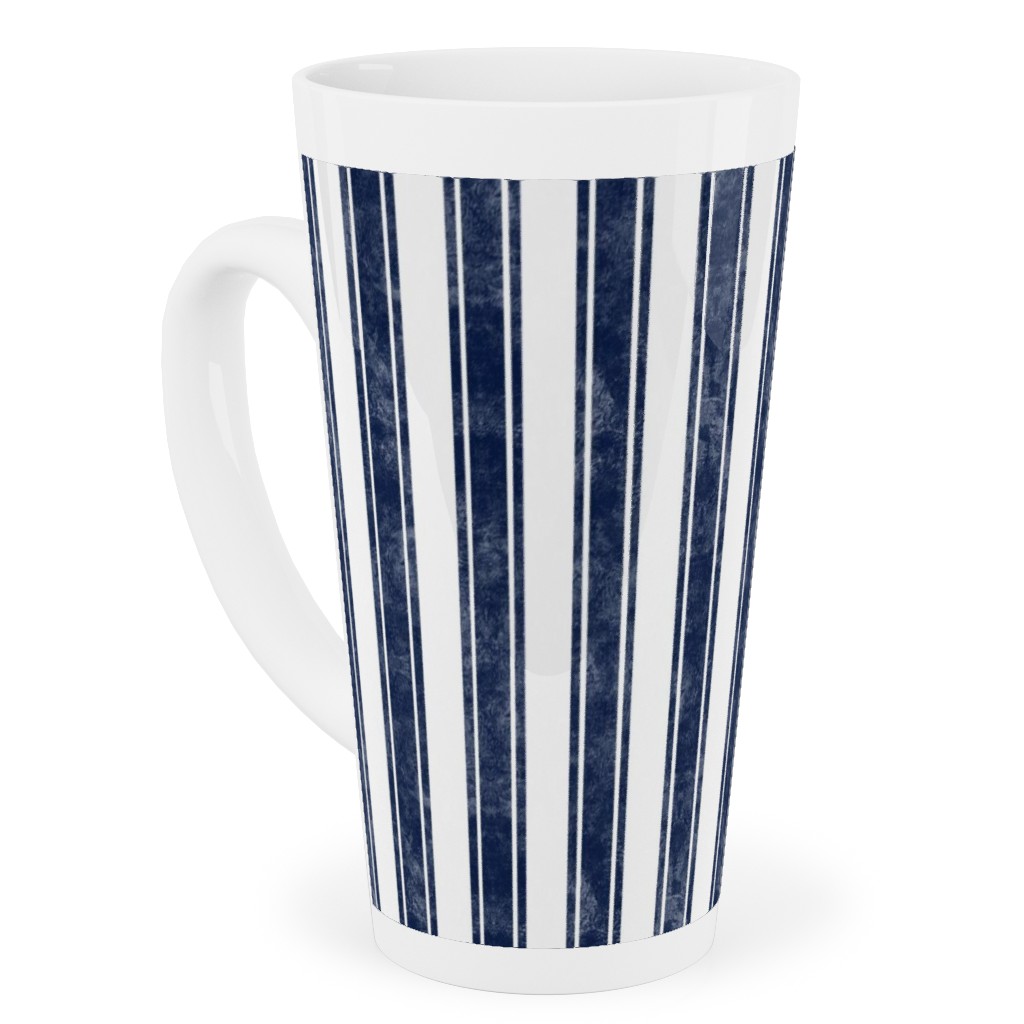 Vertical French Ticking Textured Pinstripes in Dark Midnight Navy and White Tall Latte Mug, 17oz, Blue