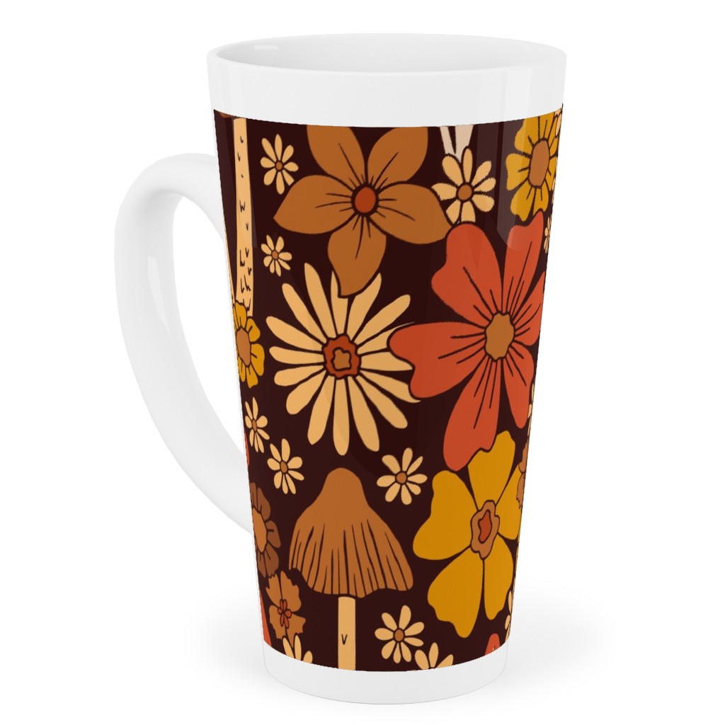 Retro 1970s Mushroom & Flowers - Brown and Orange Tall Latte Mug, 17oz, Orange