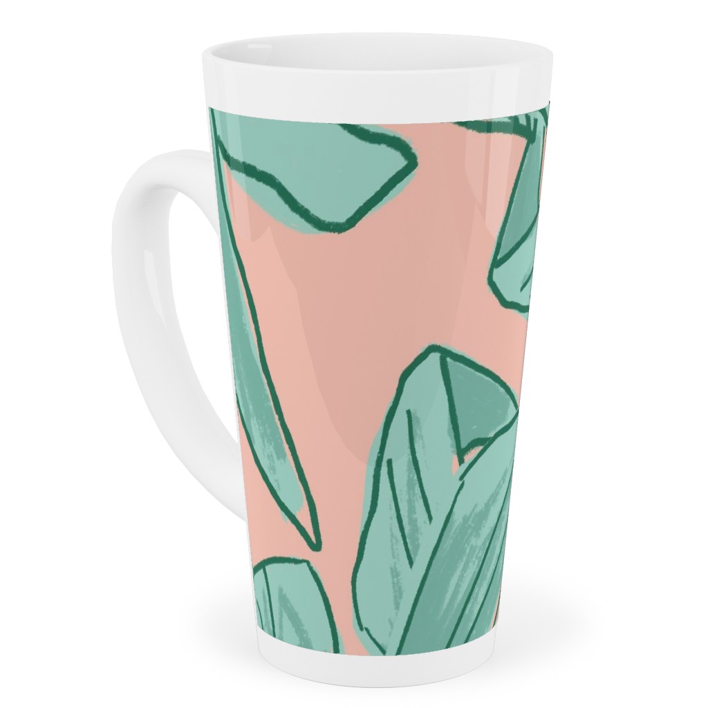 Lush Tropical Leaves - Pink and Mint Tall Latte Mug, 17oz, Green