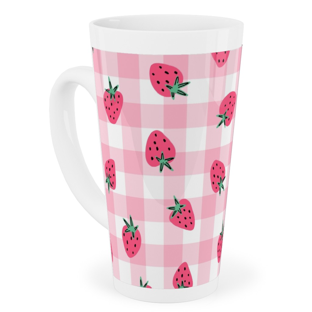 Summer Strawberry Gingham - Pink Tall Latte Mug, 17oz, Pink, Bright Pink