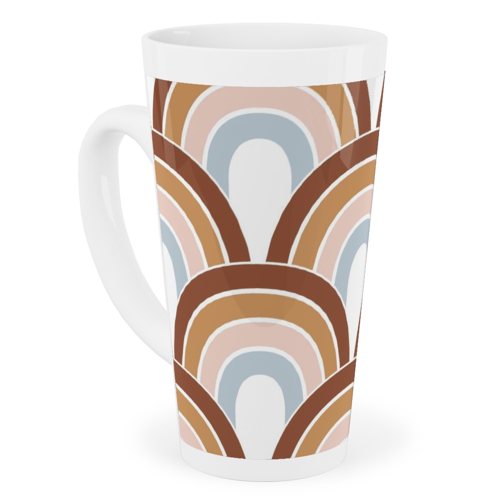Retro Rainbow Waves - Scales and Curves - Rust Beige Blush Blue on White Tall Latte Mug, 17oz, Orange, Orange