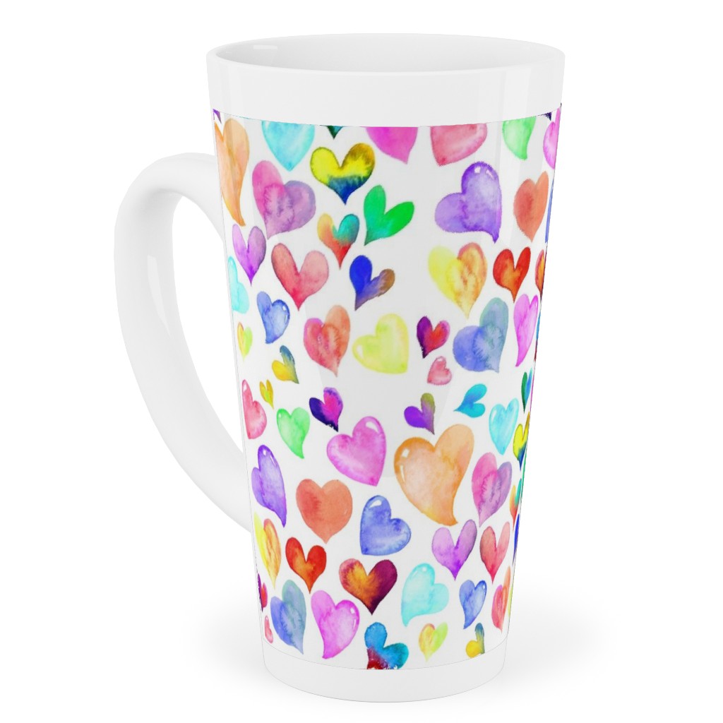 Colorful Watercolor Hearts - Multi on White Tall Latte Mug, 17oz, Multicolor