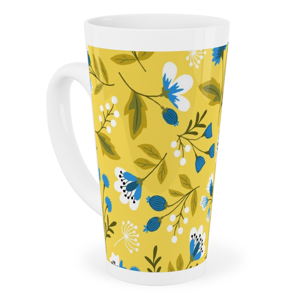 Colorful Spring Flowers - Blue on Yellow Tall Latte Mug, 17oz, Yellow