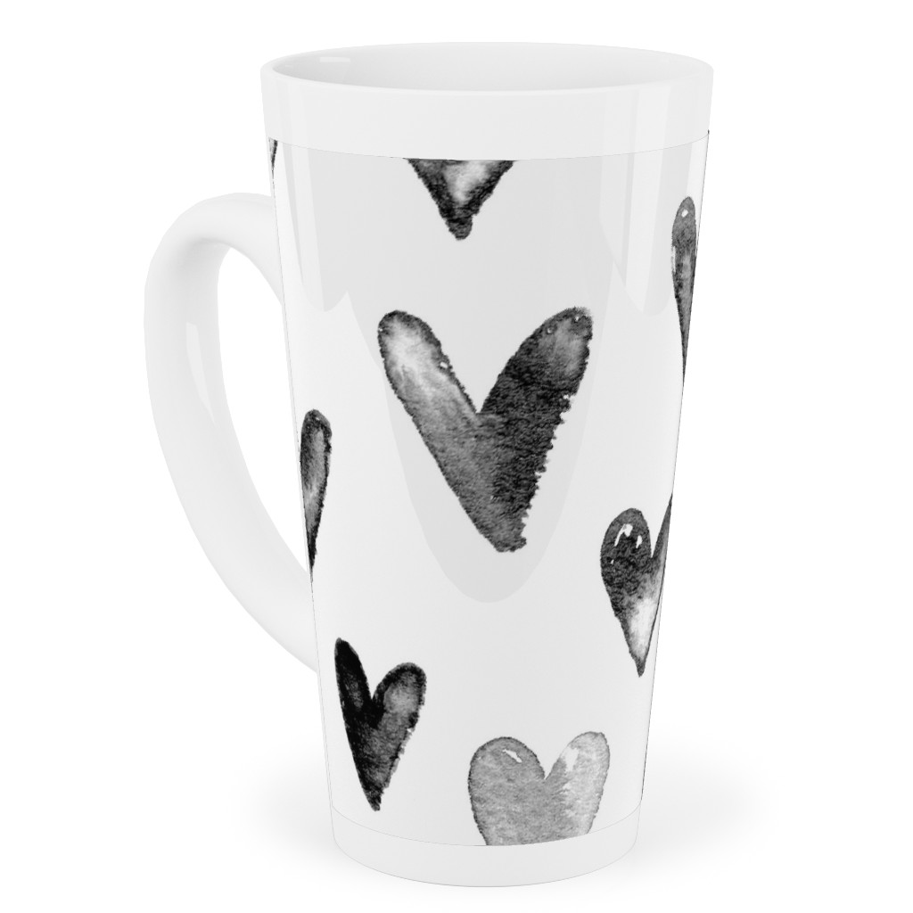 Watercolor Hearts - Black and White Tall Latte Mug, 17oz, Black