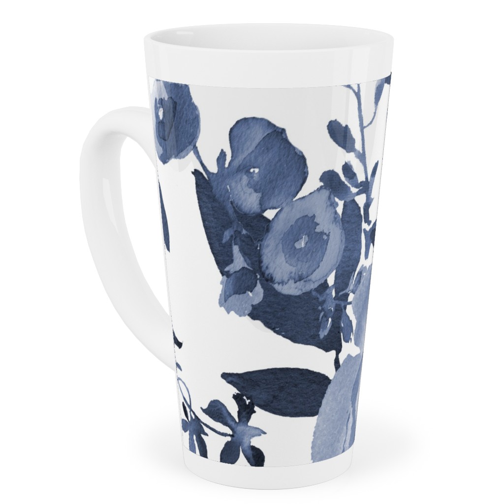 Blue and White Florals - Indigo Tall Latte Mug, 17oz, Blue