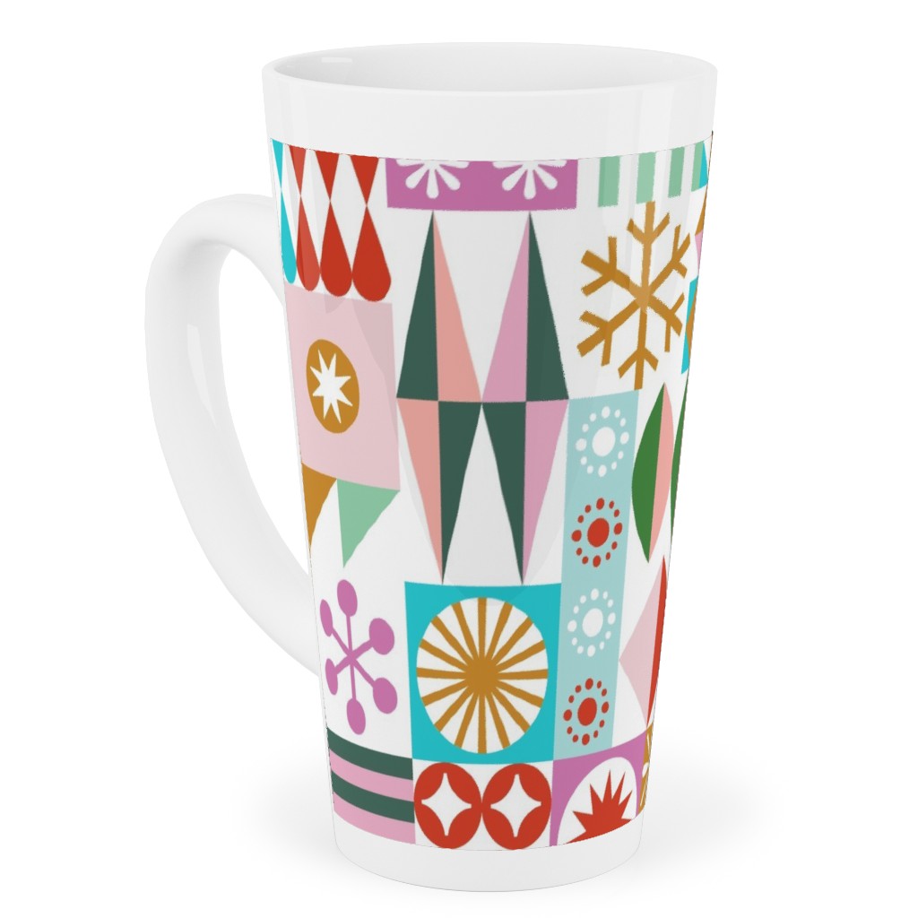 Santa's Workshop Geometric Stars Snowflakes Grid Holiday Stripes - Multi Tall Latte Mug, 17oz, Multicolor