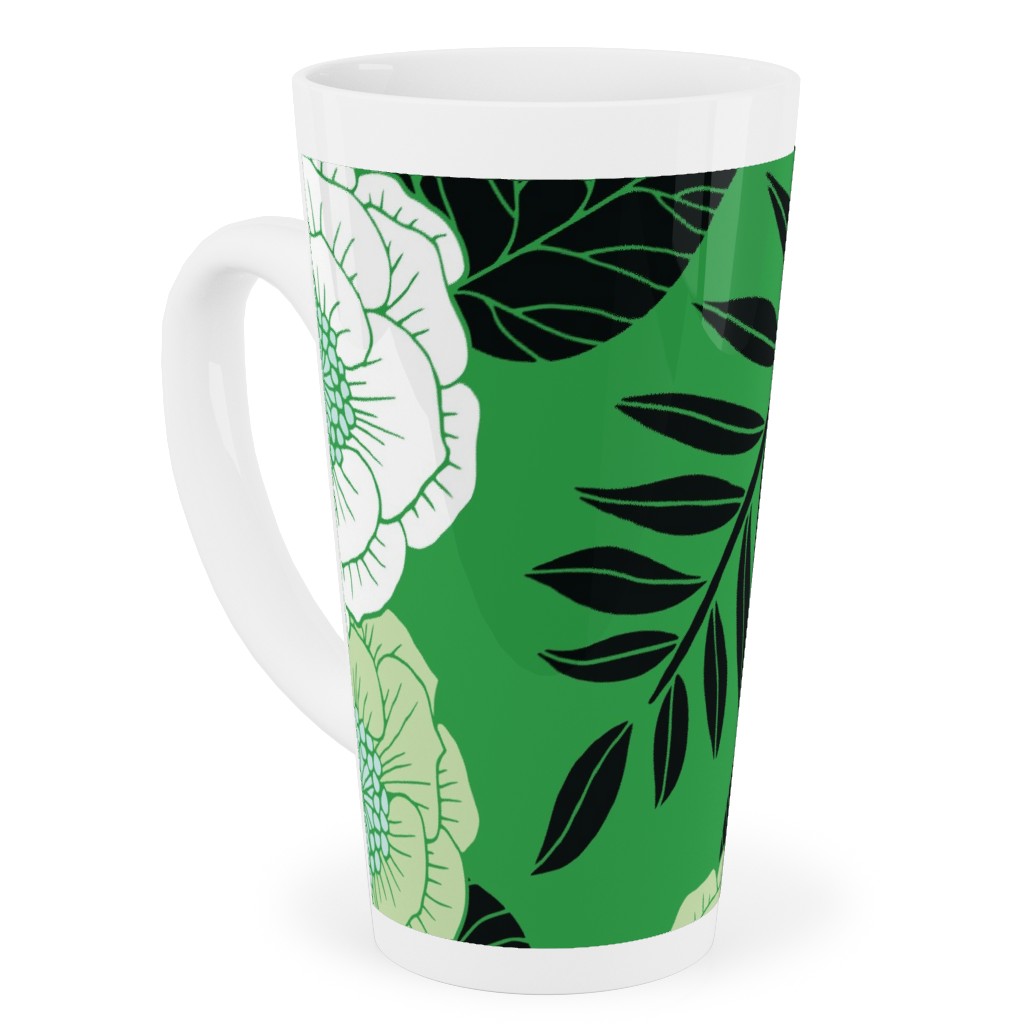 Green, Black & White Floral Pattern Tall Latte Mug, 17oz, Green, Classic Green