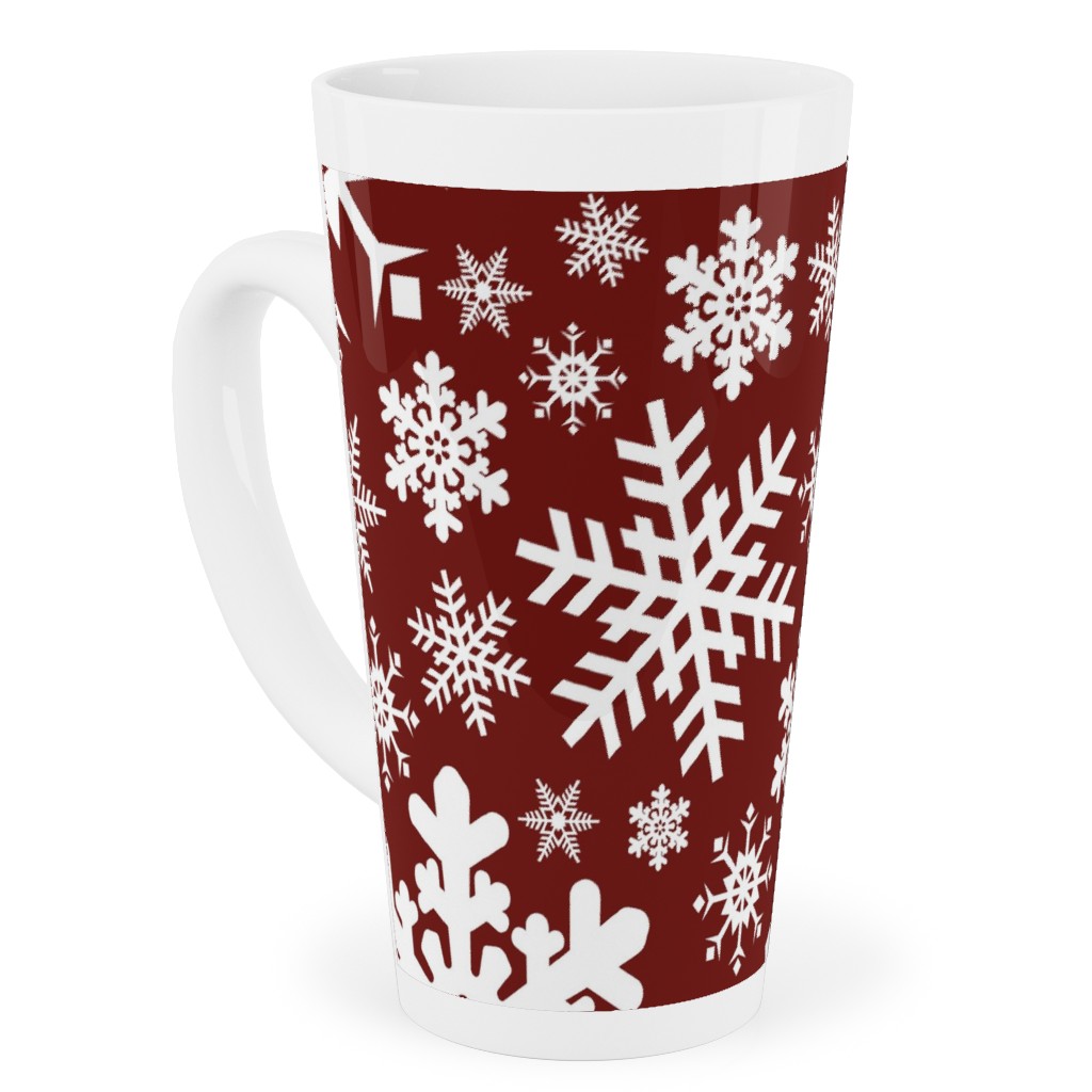 Christmas White Snowflakes on Red Background Tall Latte Mug, 17oz, Red