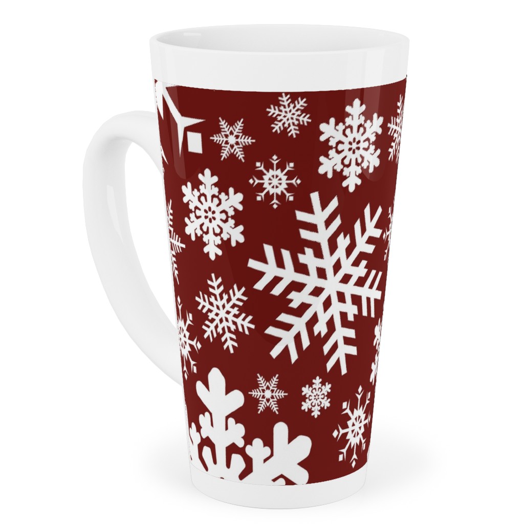 Christmas White Snowflakes on Red Background Tall Latte Mug, 17oz, Red, Red