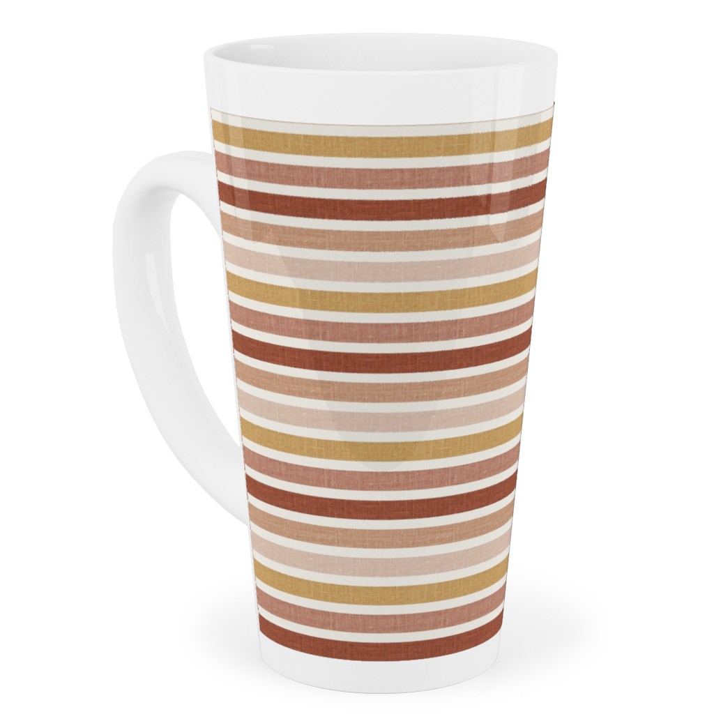 Horizontal Earth Colours Stripes - Red Pink Mustard Toffee Tall Latte Mug, 17oz, Pink