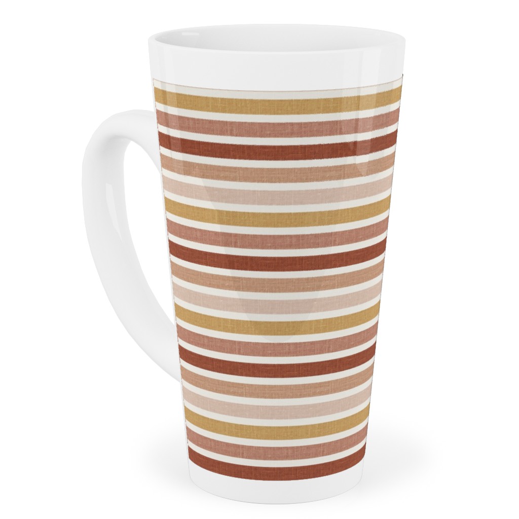Horizontal Earth Colours Stripes - Red Pink Mustard Toffee Tall Latte Mug, 17oz, Pink, Bright Pink