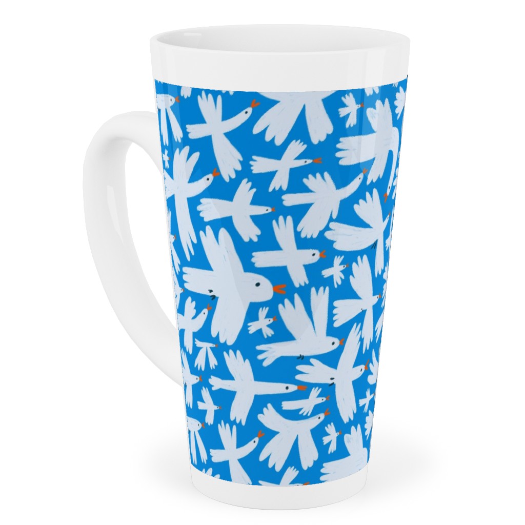 Birds - White on Blue Tall Latte Mug, 17oz, Blue