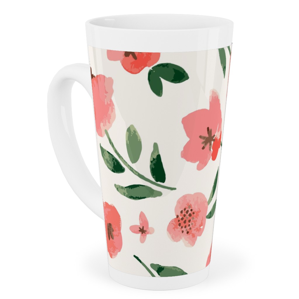 Scattered Watercolor Spring Flowers Tall Latte Mug, 17oz, Pink, Bright Pink