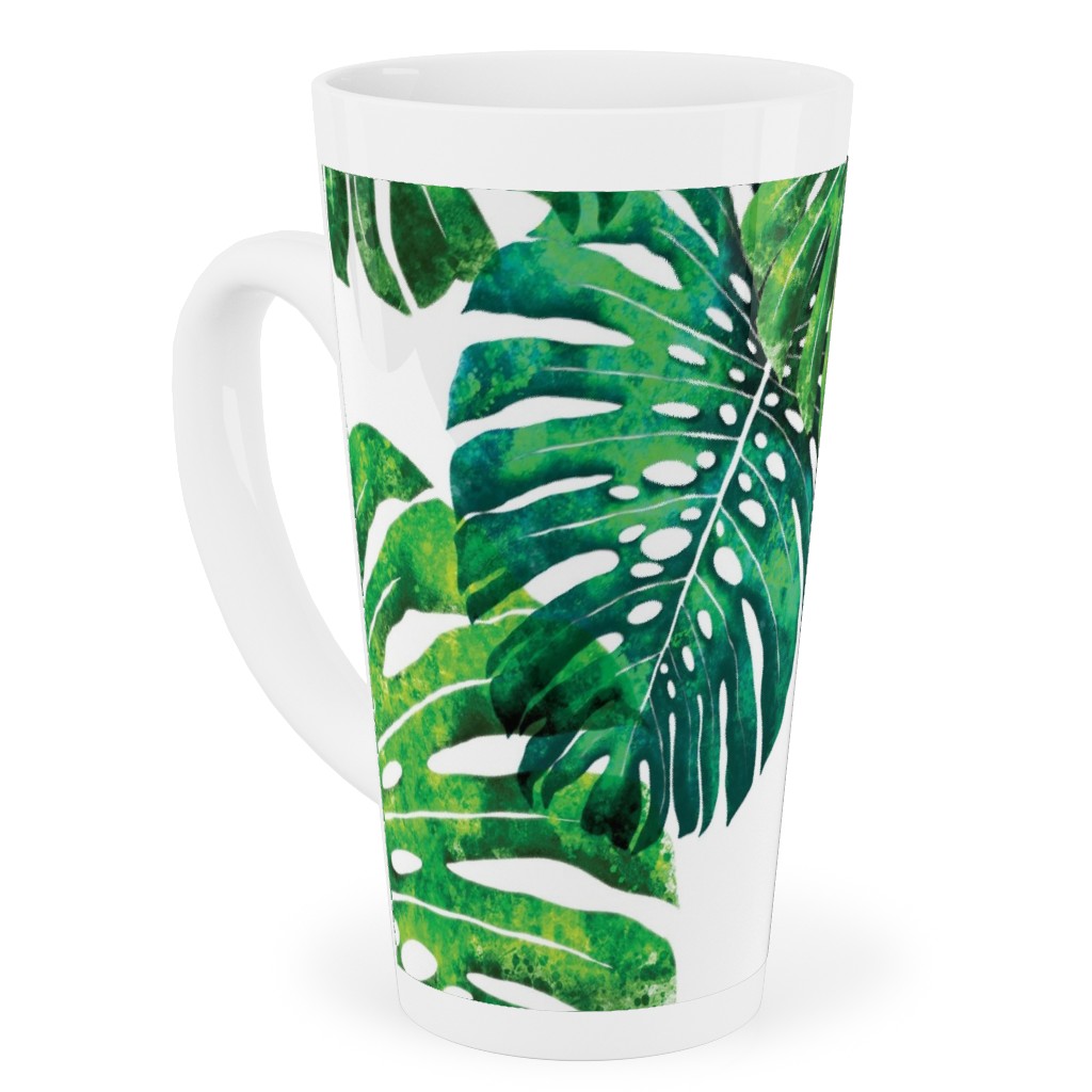 Monstera Leaves - Green on White Tall Latte Mug, 17oz, Green