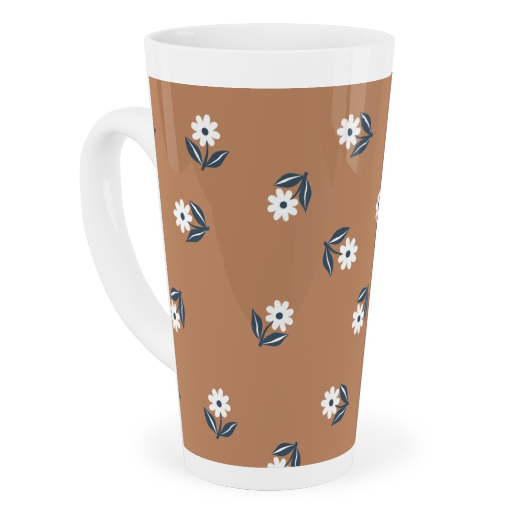 Romantic Boho Daisy Flowers - Scandinavian Print - Caramel Brown Blue Tall Latte Mug, 17oz, Orange, Orange