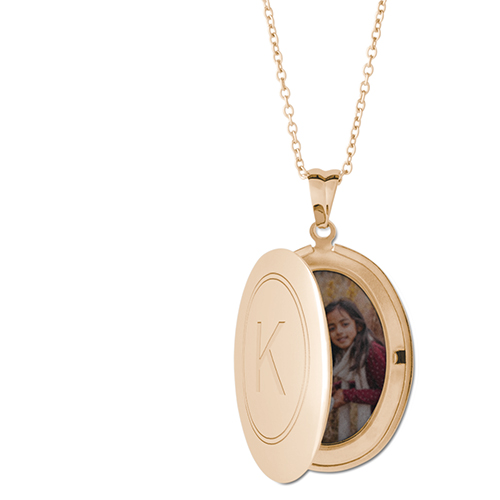 Double Outline Locket Necklace, Gold, Oval, Engraved Front, Gray