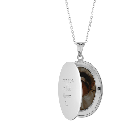 To The Moon Locket Necklace, Silver, Oval, Engraved Front, Gray