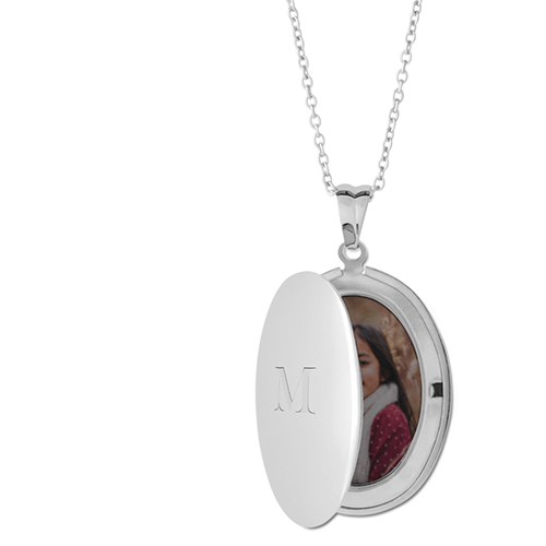 Center Initial Locket Necklace, Silver, Oval, Engraved Front, Gray