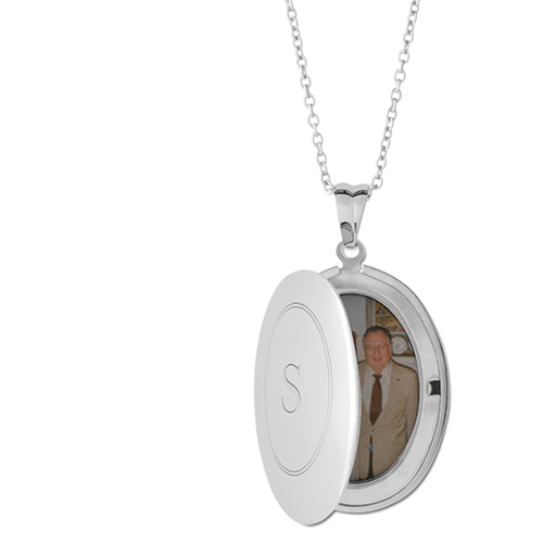 Double Border Locket Necklace, Silver, Oval, Engraved Front, Gray