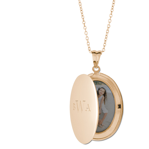 Monogram Trio Locket Necklace, Gold, Oval, Engraved Front, Gray