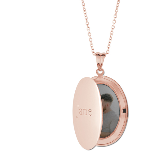 Statement Name Locket Necklace, Rose Gold, Oval, Engraved Front, Gray