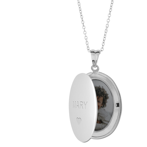 Whole Heart Locket Necklace, Silver, Oval, Engraved Front, Gray