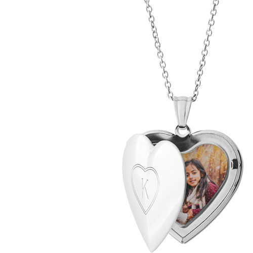 Double Outline Locket Necklace, Silver, Heart, Engraved Front, Gray