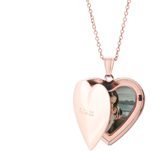 Special Date Locket Necklace, Rose Gold, Heart, Engraved Front, Gray