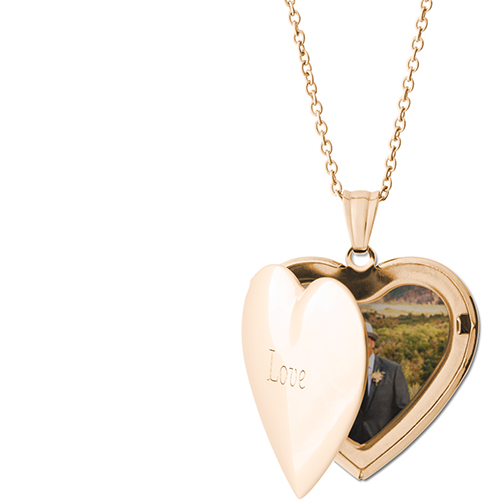 Simple Love Locket Necklace, Gold, Heart, Engraved Front, Gray