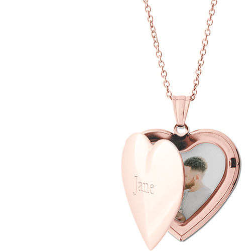 Statement Name Locket Necklace, Rose Gold, Heart, Engraved Front, Gray