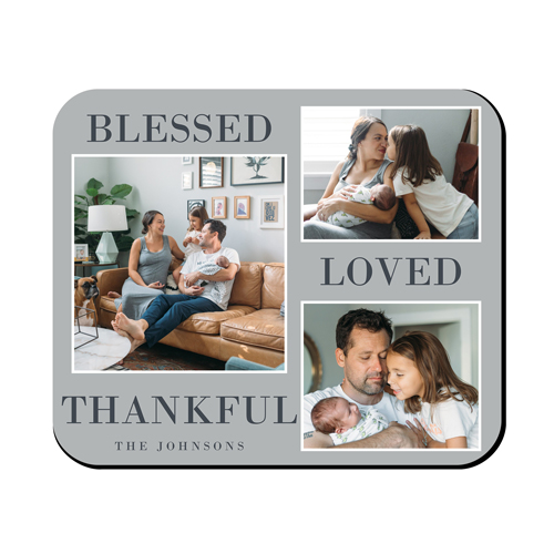 Blessed Loved Thankful Trio Mouse Pad, Rectangle Ornament, Gray