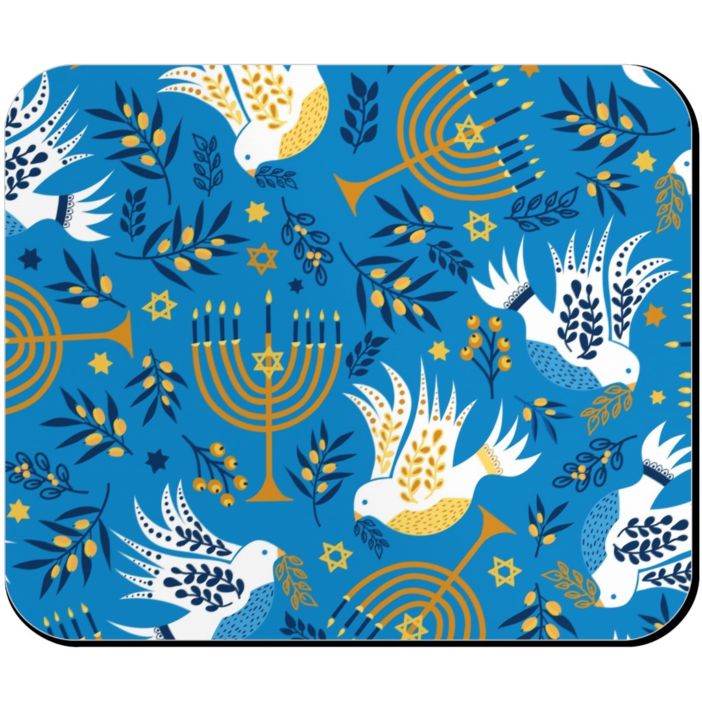 Hanukkah Birds Menorahs - Light Blue Mouse Pad, Rectangle, Blue, True Blue